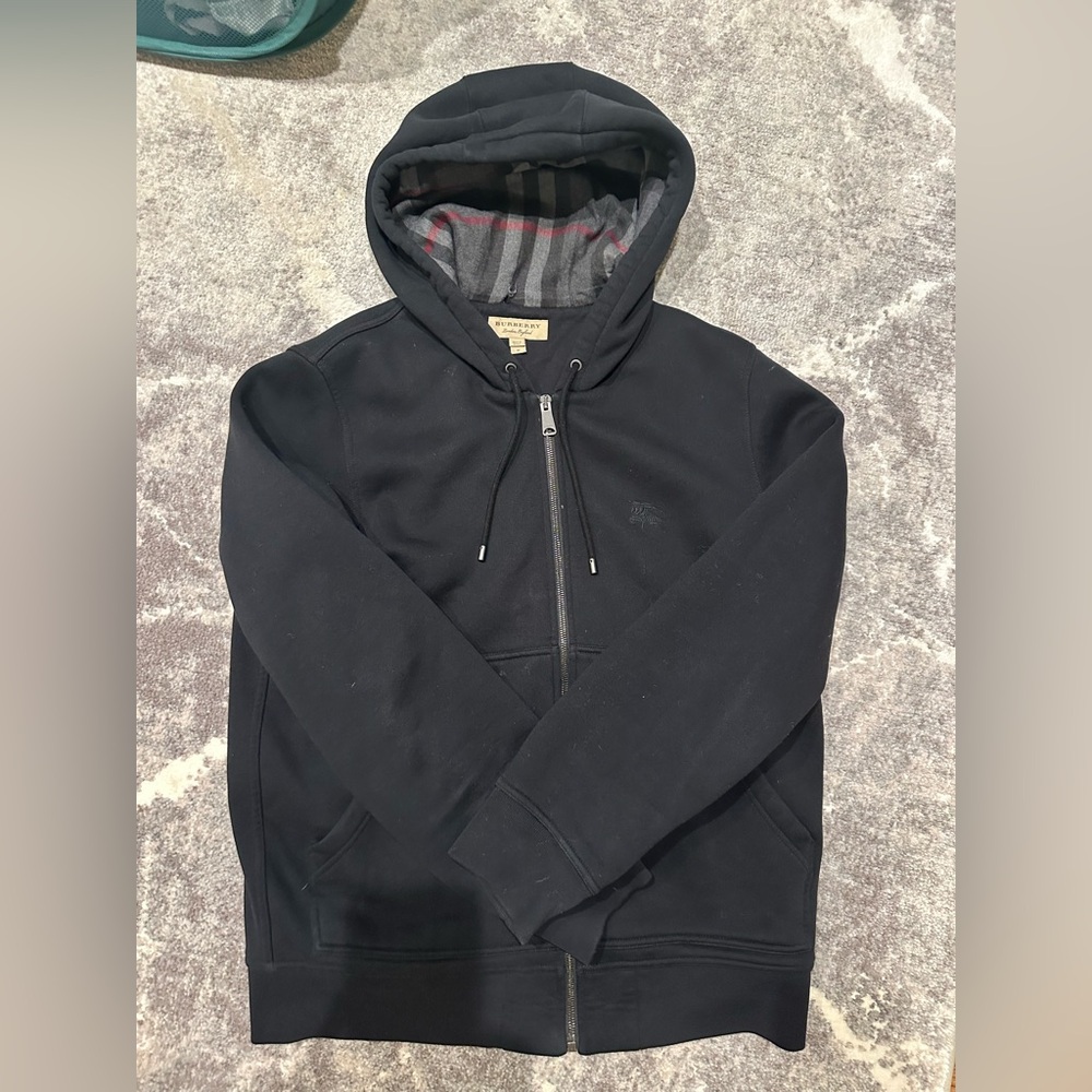 Burberry Black Hooded Zip Sweatshirt with Plaid Lined Hood